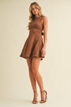 Sleeveless Faux Suede Open Back Tie Mini Dress Camel