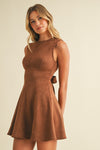 Sleeveless Faux Suede Open Back Tie Mini Dress Camel