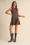 Sleeveless Faux Suede Open Back Tie Mini Dress Brown