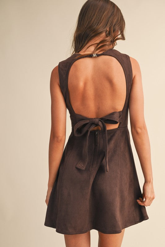Sleeveless Faux Suede Open Back Tie Mini Dress Brown