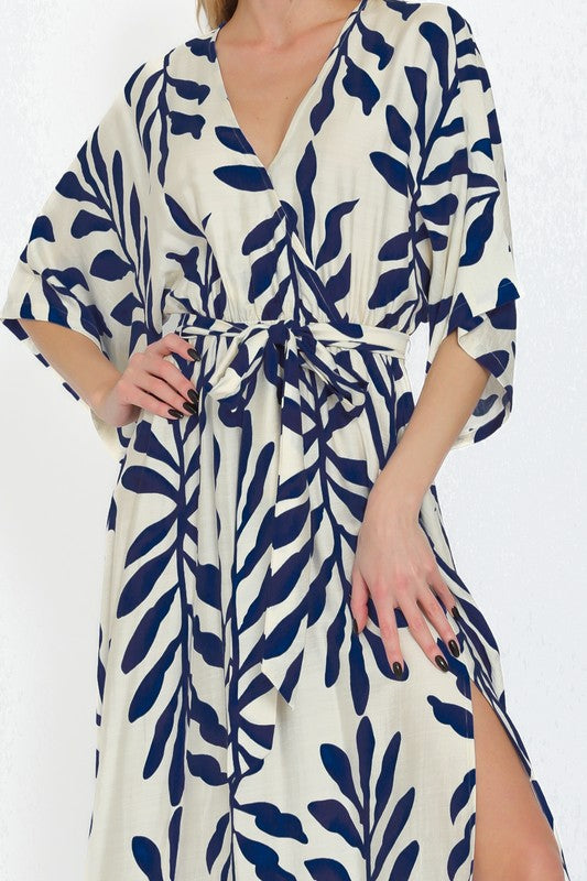 Short Bubble Sleeve Palm Print Wrap Maxi Dress Navy