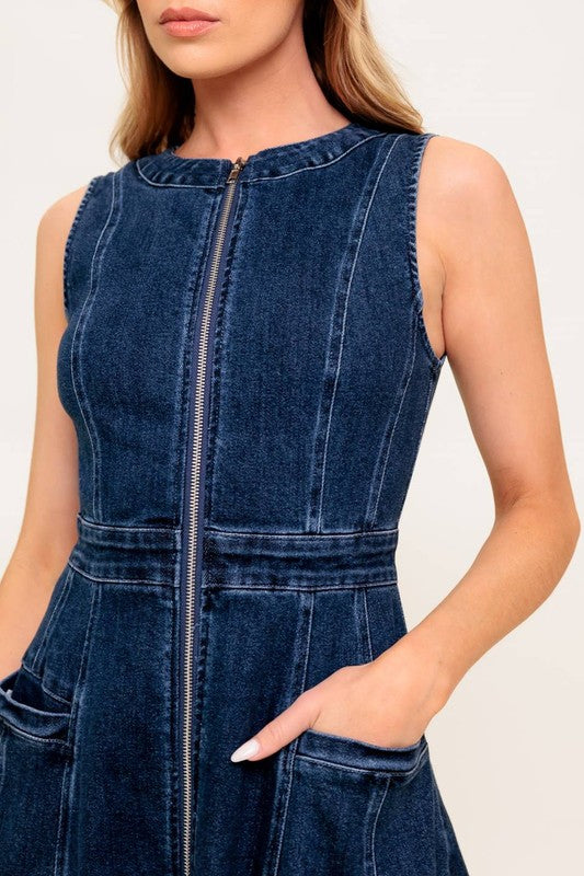 Sleeveless Zip Front Denim Midi Dress Dark Wash