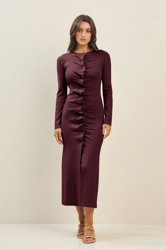Long Sleeve Pleated Button Down Knit Midi Dress Burgundy