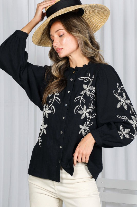  Long Sleeve Button Down Floral Embroidered Top Black