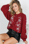 Long Sleeve Button Down Floral Embroidered Top Burgundy