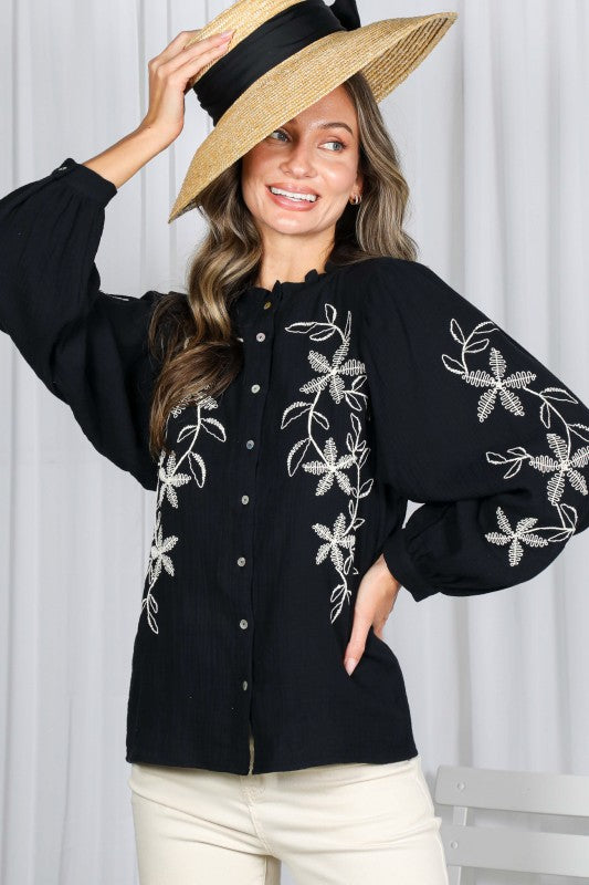  Long Sleeve Button Down Floral Embroidered Top Black