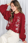 Long Sleeve Button Down Floral Embroidered Top Burgundy