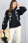  Long Sleeve Button Down Floral Embroidered Top Black