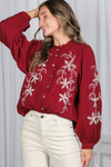 Irene Long Sleeve Button Down Floral Embroidered Top Burgundy