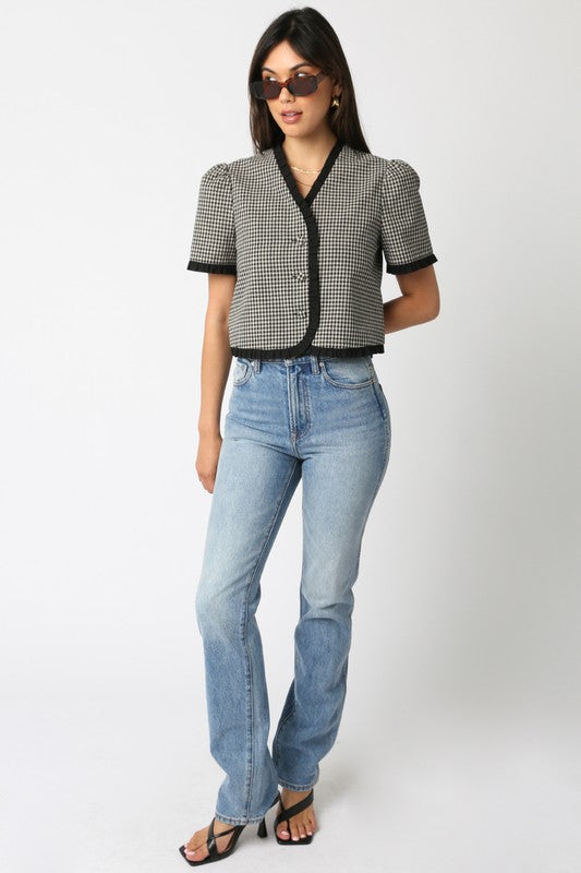 Short Puff Sleeve Button Down Gingham Print Crop Top Black