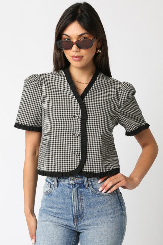 Short Puff Sleeve Button Down Gingham Print Crop Top Black