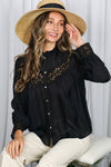 Long Sleeve Button Down Embroidered Lace Trim Top Black