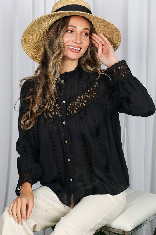 Long Sleeve Button Down Embroidered Lace Trim Top Black