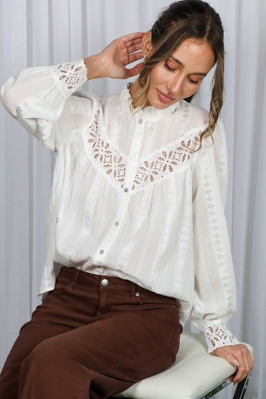 Long Sleeve Button Down Embroidered Lace Trim Top White