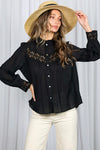 Long Sleeve Button Down Embroidered Lace Trim Top Black