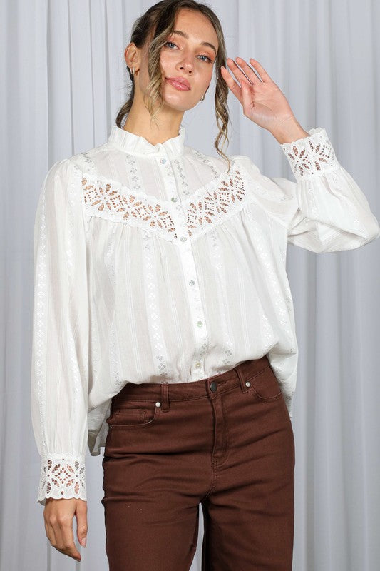 Long Sleeve Button Down Embroidered Lace Trim Top White