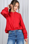 Long Sleeve Button Down Embroidered Lace Trim Top Red