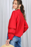 Long Sleeve Button Down Embroidered Lace Trim Top Red
