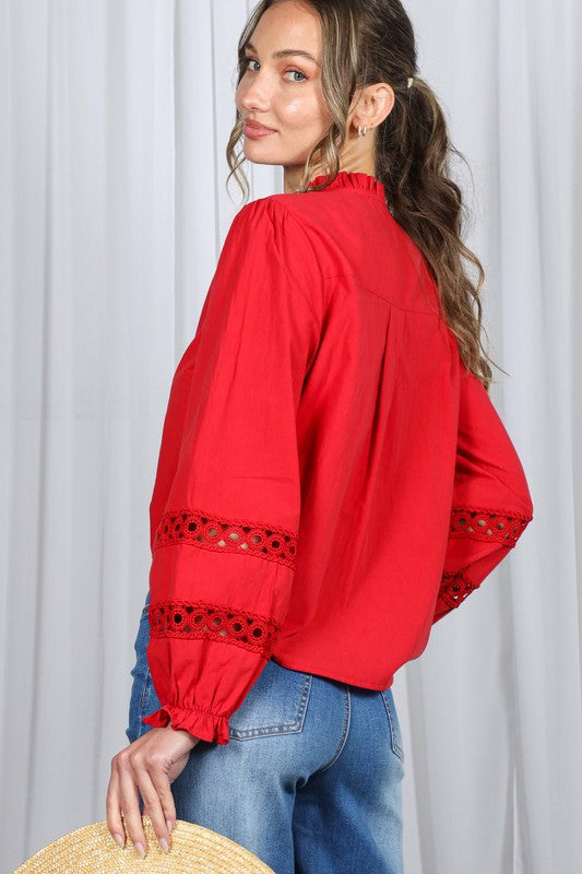 Long Sleeve Button Down Embroidered Lace Trim Top Red
