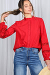 Long Sleeve Button Down Embroidered Lace Trim Top Red