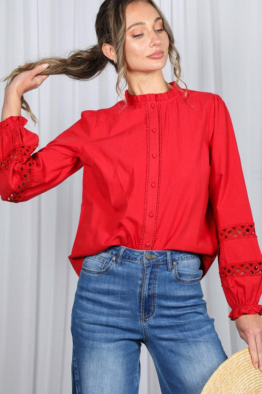 Long Sleeve Button Down Embroidered Lace Trim Top Red