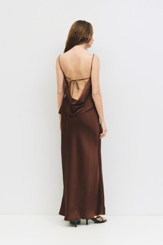  Sleeveless Open Back Satin Top Brown