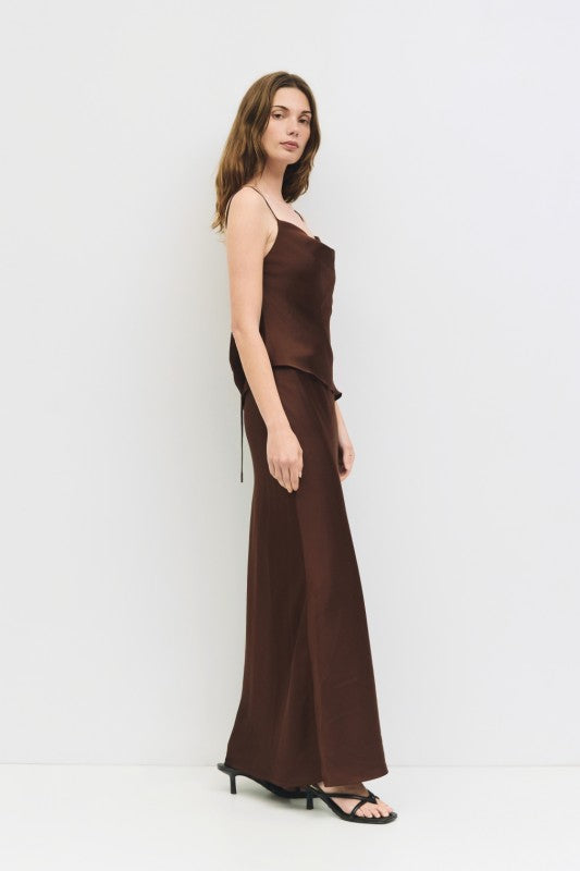 High Waist Satin Midi Skirt Brown