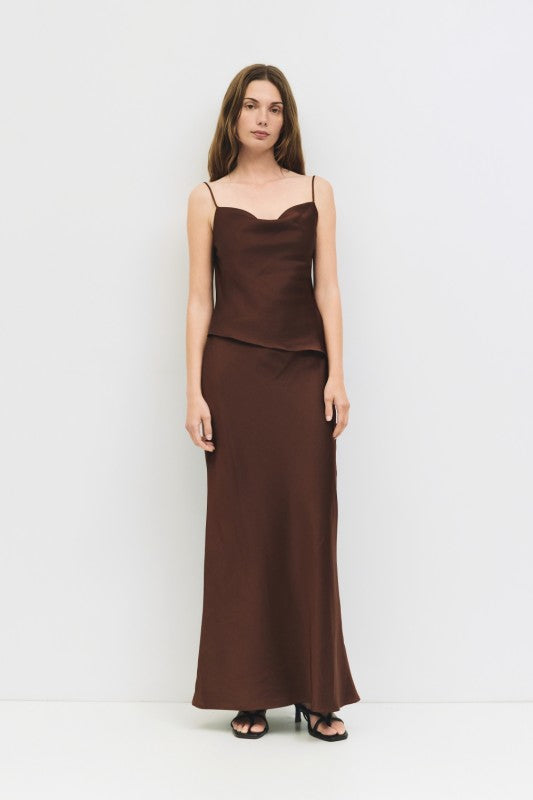 High Waist Satin Midi Skirt Brown