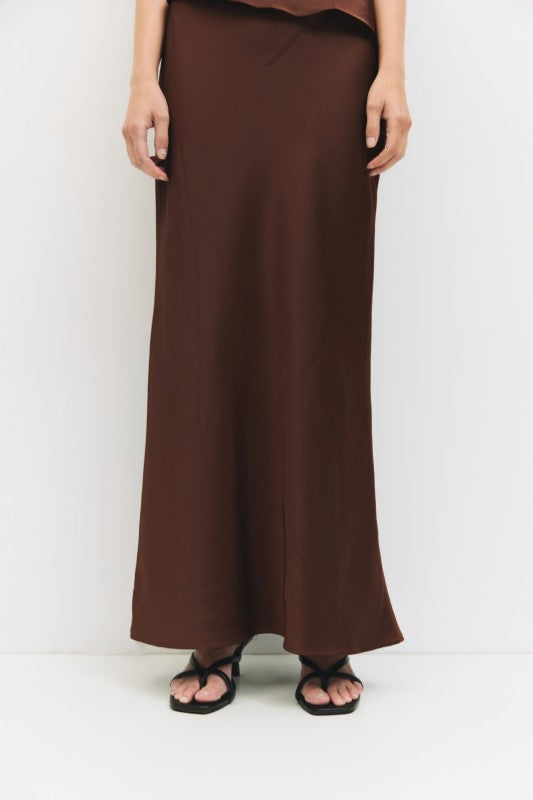 High Waist Satin Midi Skirt Brown