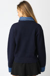 Audrina Long Sleeve Collar Denim Sweater Navy