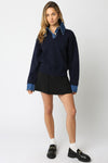 Audrina Long Sleeve Collar Denim Sweater Navy
