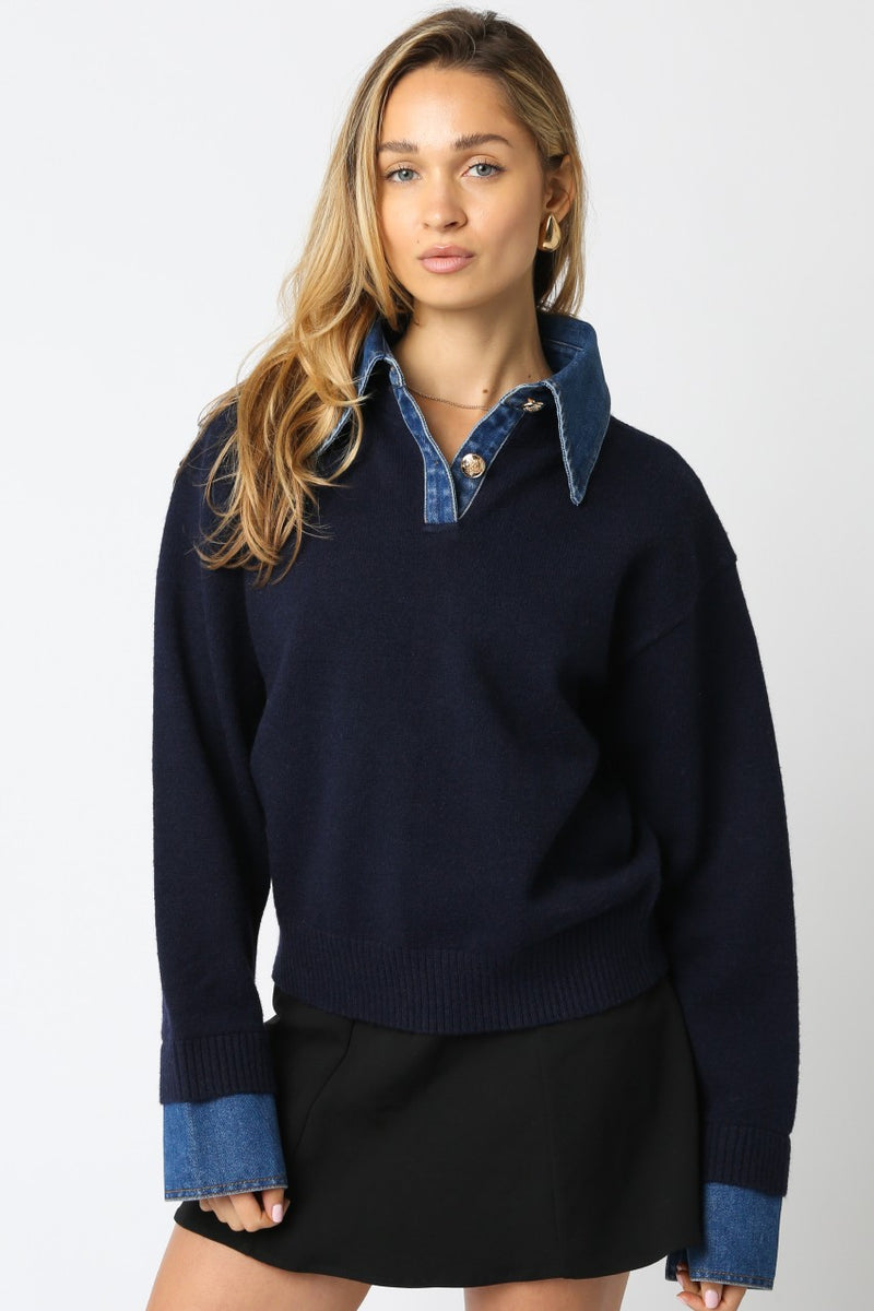 Audrina Long Sleeve Collar Denim Sweater Navy