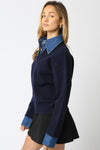 Audrina Long Sleeve Collar Denim Sweater Navy