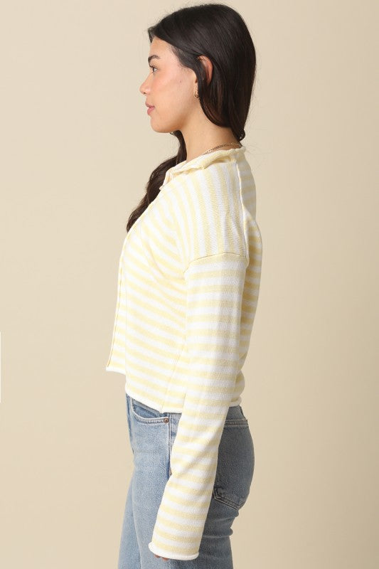 Long Sleeve Button Down Striped Print Knit Cardigan Yellow