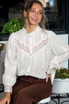 Long Sleeve Button Down Embroidered Lace Trim Top White