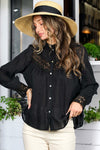Long Sleeve Button Down Embroidered Lace Trim Top Black