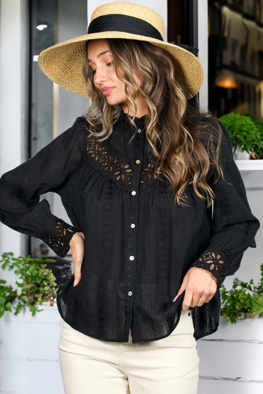 Long Sleeve Button Down Embroidered Lace Trim Top Black