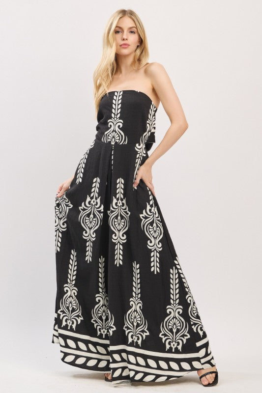 Sleeveless Abstract Print Wide Leg Jumpsuit Black