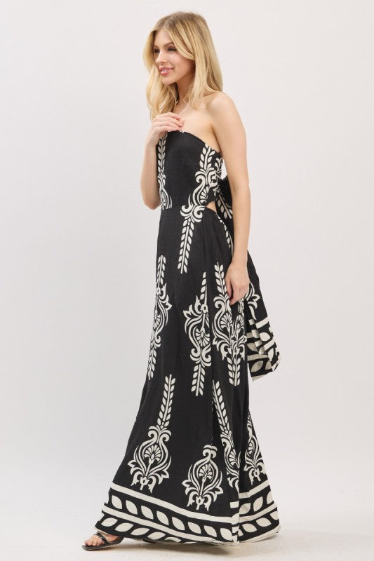 Sleeveless Abstract Print Wide Leg Jumpsuit Black