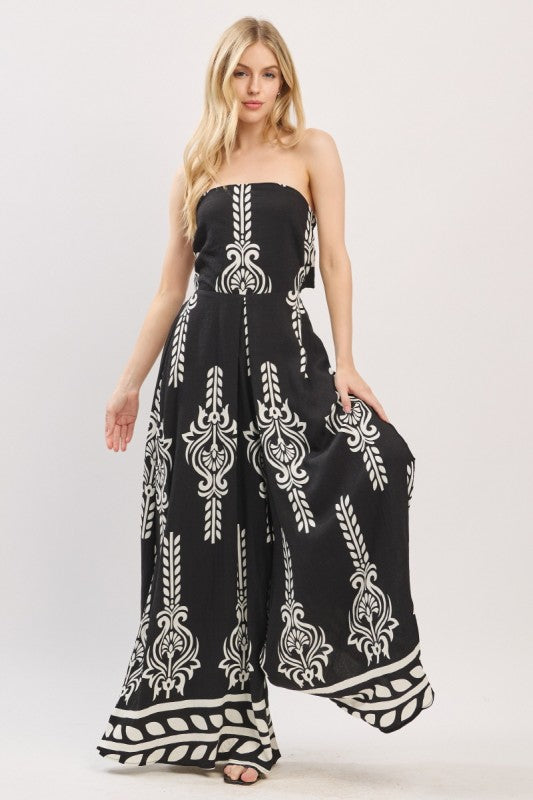 Sleeveless Abstract Print Wide Leg Jumpsuit Black