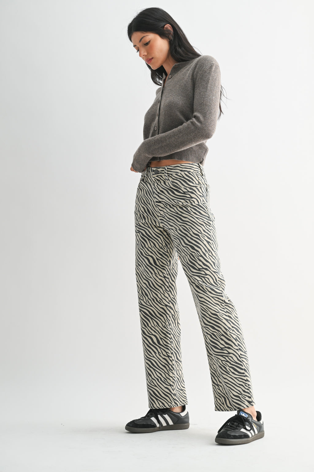 High Rise Animal Print Straight Jeans Black