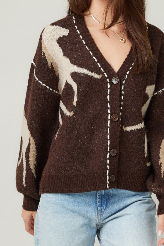 Long Sleeve Button Down Horse Print Cardigan Brown