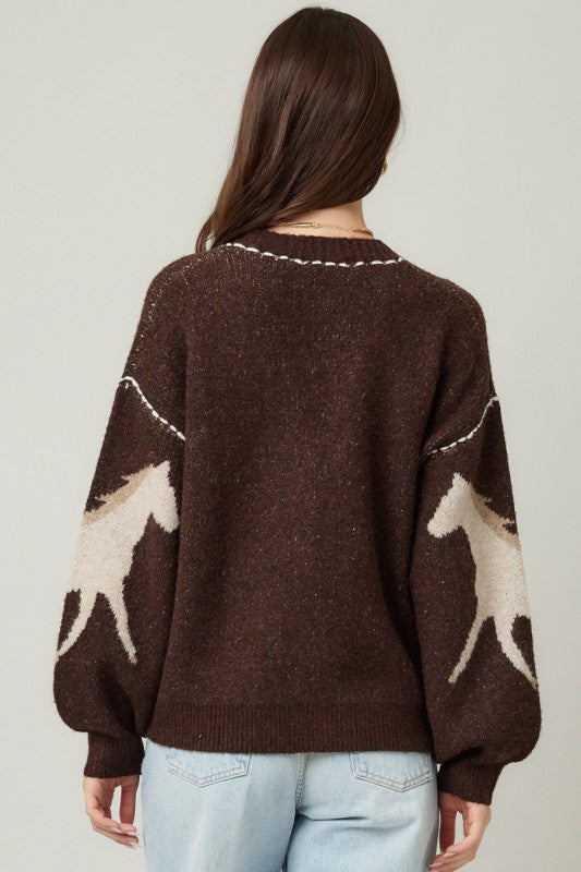 Long Sleeve Button Down Horse Print Cardigan Brown