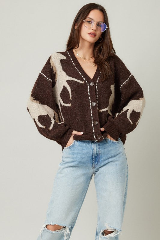 Long Sleeve Button Down Horse Print Cardigan Brown