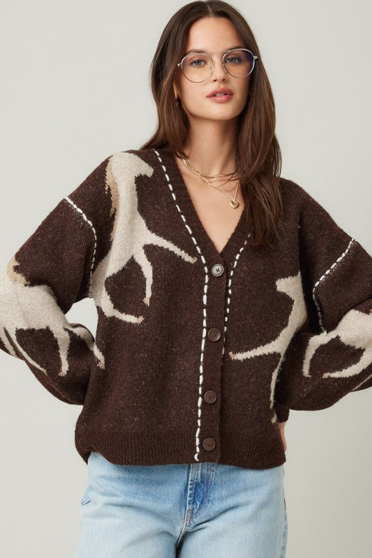 Long Sleeve Button Down Horse Print Cardigan Brown