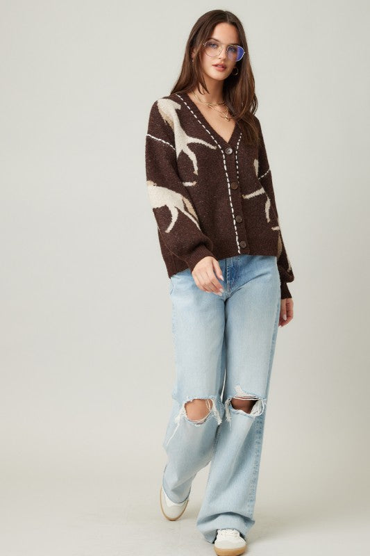Long Sleeve Button Down Horse Print Cardigan Brown