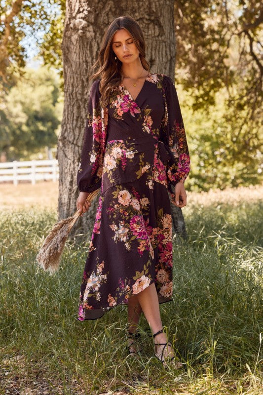 Long Sleeve Wrap Floral Print Midi Dress Brown