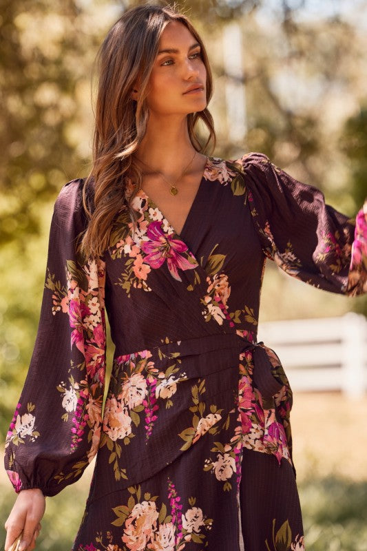 Long Sleeve Wrap Floral Print Midi Dress Brown