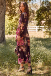 Long Sleeve Wrap Floral Print Midi Dress Brown