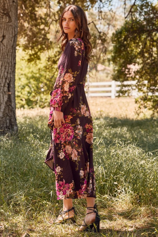 Long Sleeve Wrap Floral Print Midi Dress Brown